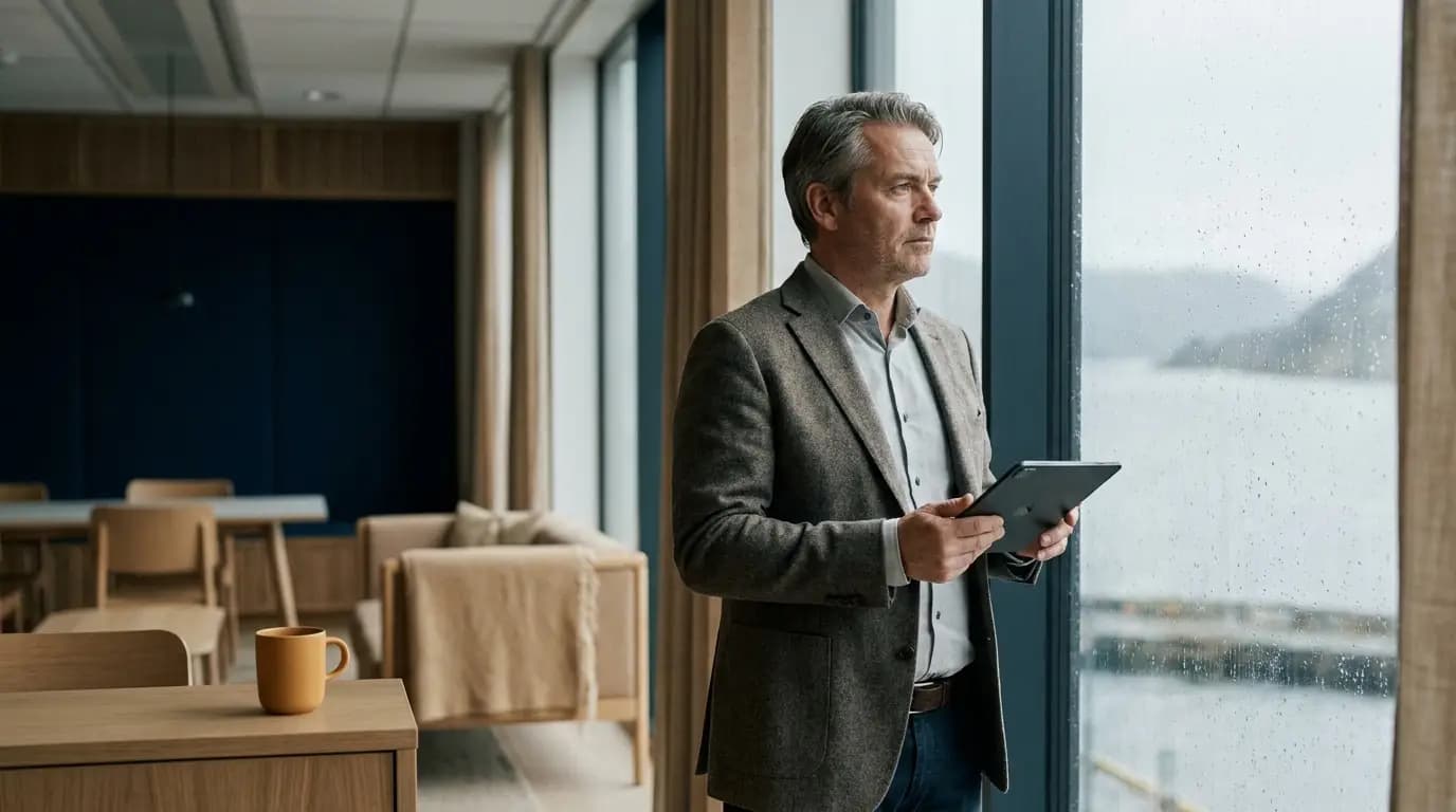 En norsk toppleder ved vinduet i et rolig kontor, i ettertanke.